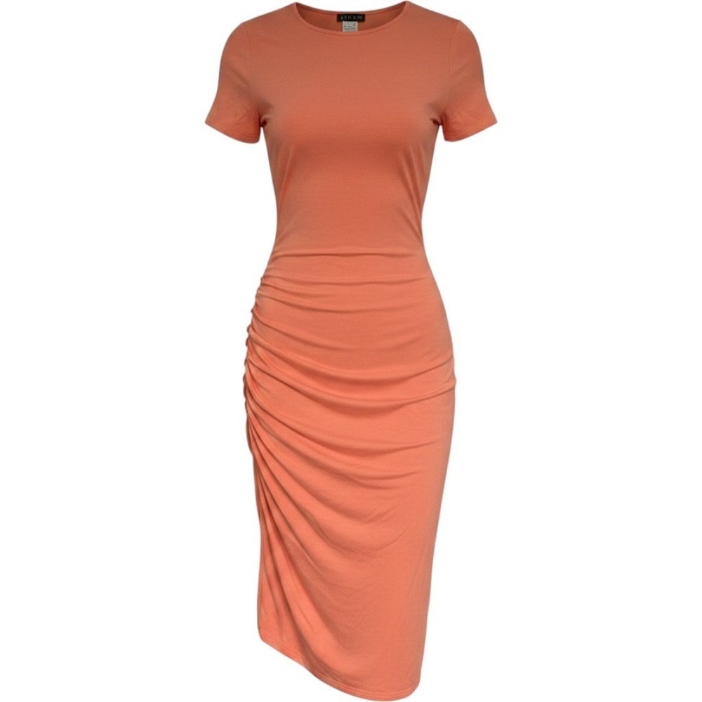 Venus Coral Ruched Side Bodycon Midi Dress Short Sleeve Stretch Sheath Small